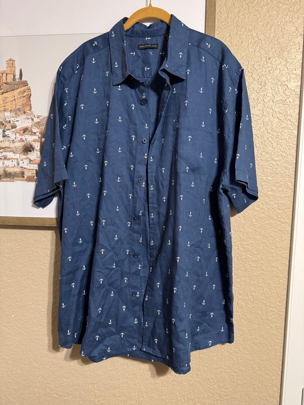 Saks Fifth Avenue Men's 2XL Blue Linen Anchor Print Short Sleeve Shirt Mint
